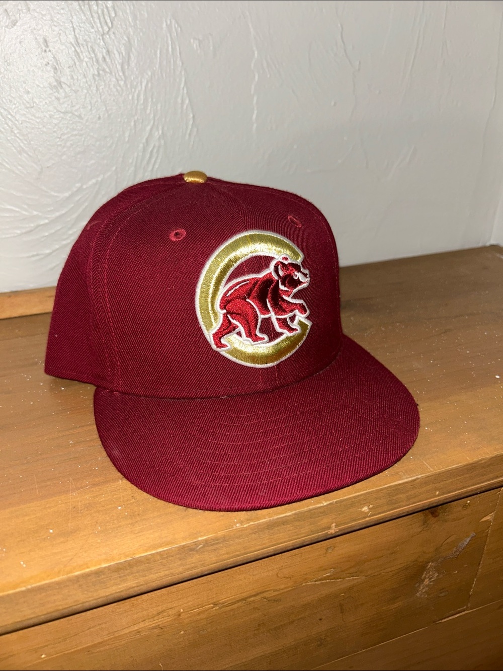 Maroon Chicago Cubs Fitted Hat with Gold & Red Bear Logo